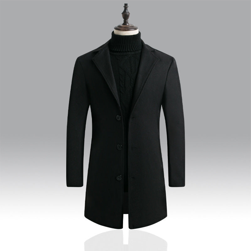 Slim-fit solid color mid-length woolen trench coat