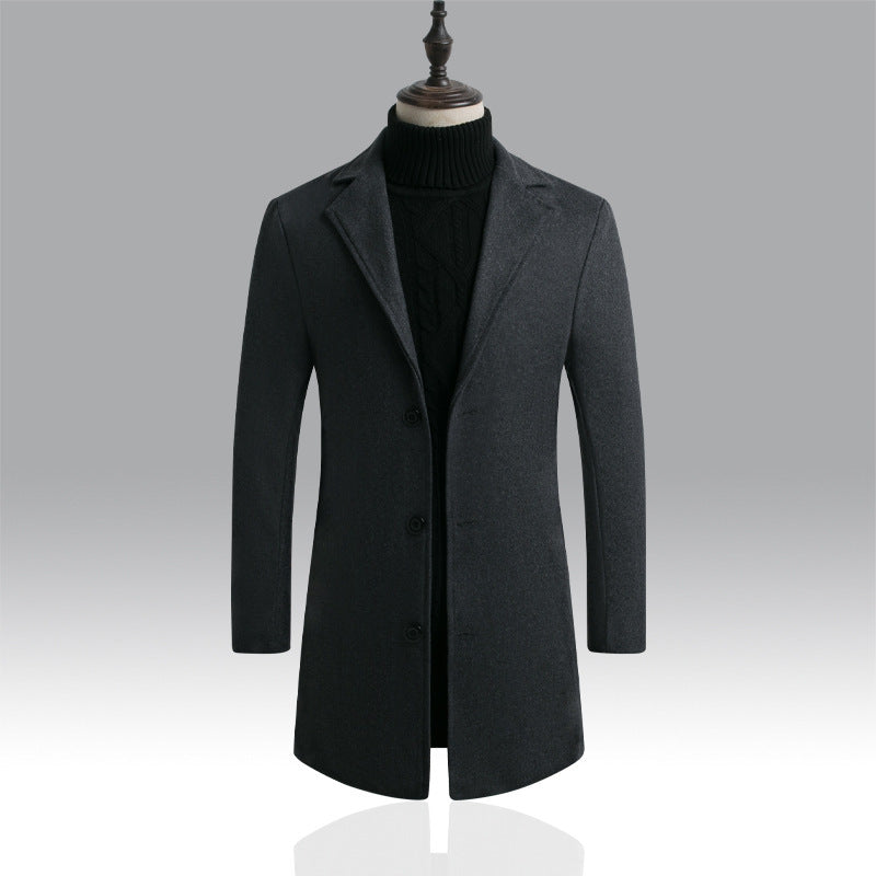 Slim-fit solid color mid-length woolen trench coat