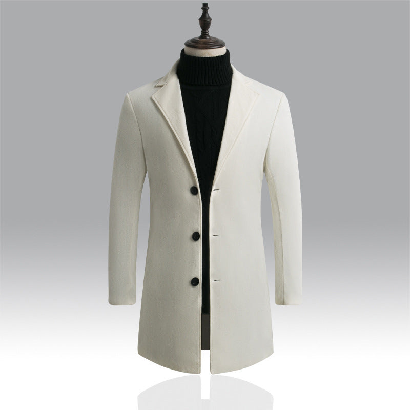 Slim-fit solid color mid-length woolen trench coat