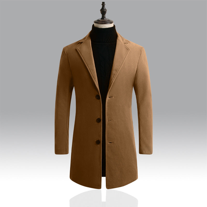 Slim-fit solid color mid-length woolen trench coat