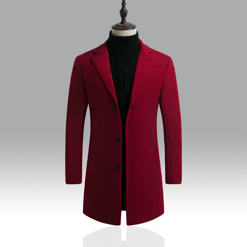 Slim-fit solid color mid-length woolen trench coat