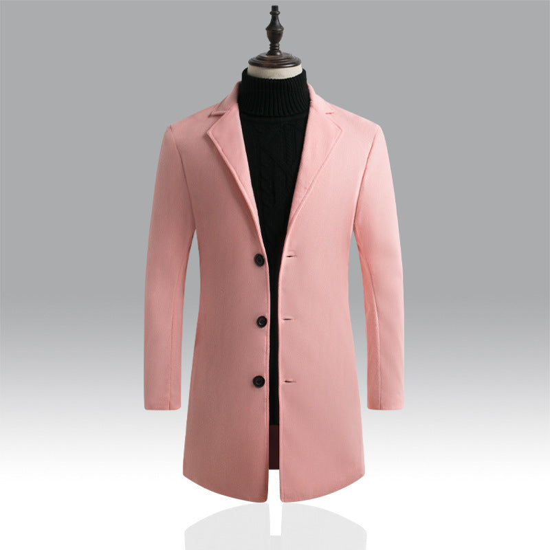 Slim-fit solid color mid-length woolen trench coat