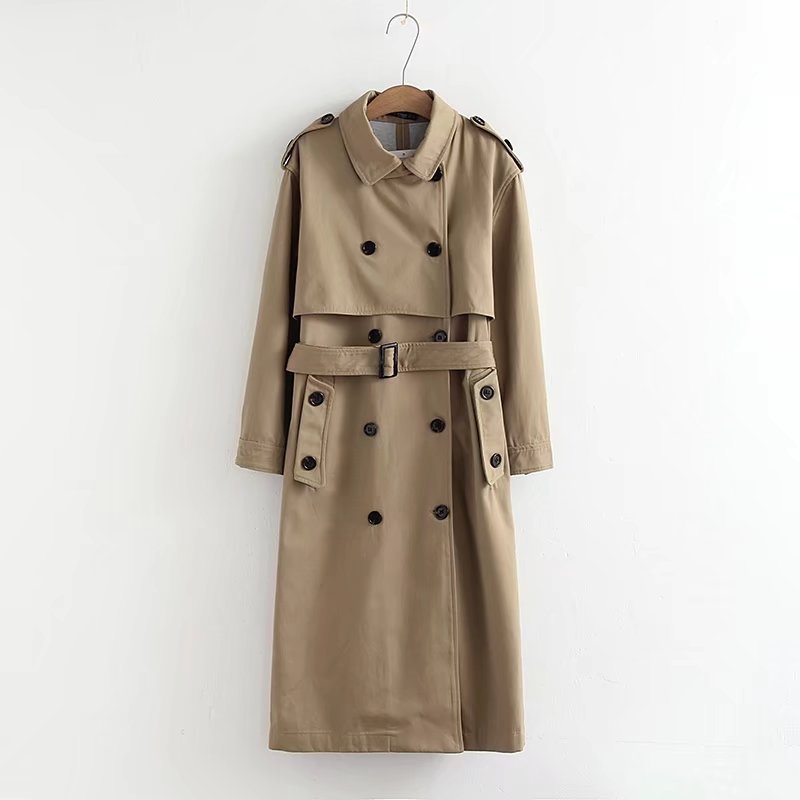 Long Double-Breasted Lapel Slim Trench Coat