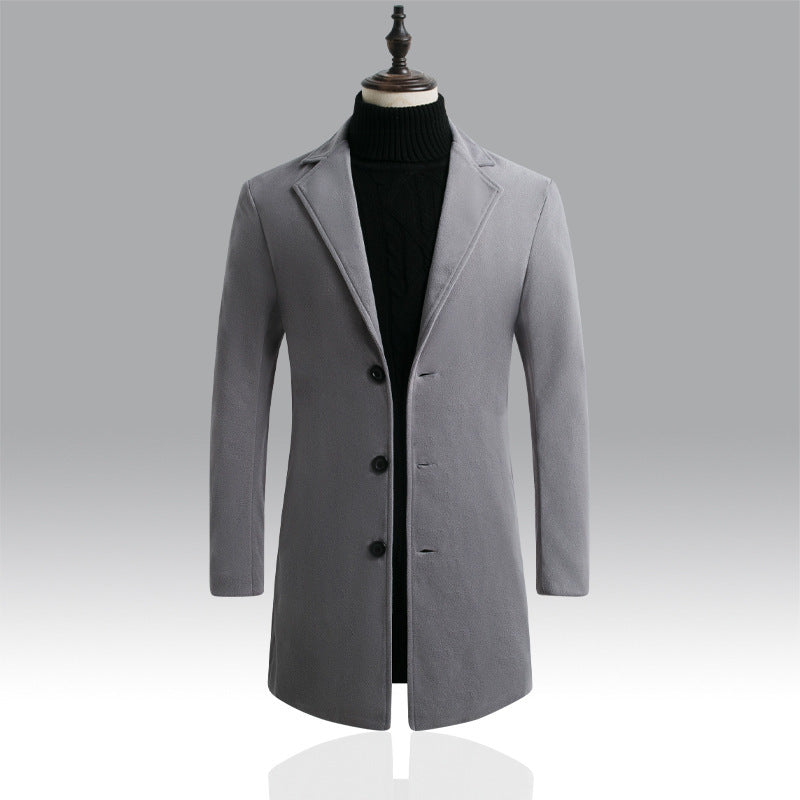 Slim-fit solid color mid-length woolen trench coat