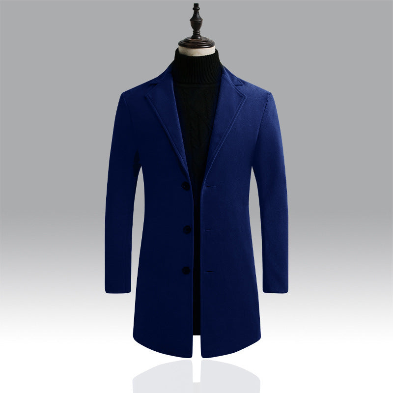 Slim-fit solid color mid-length woolen trench coat