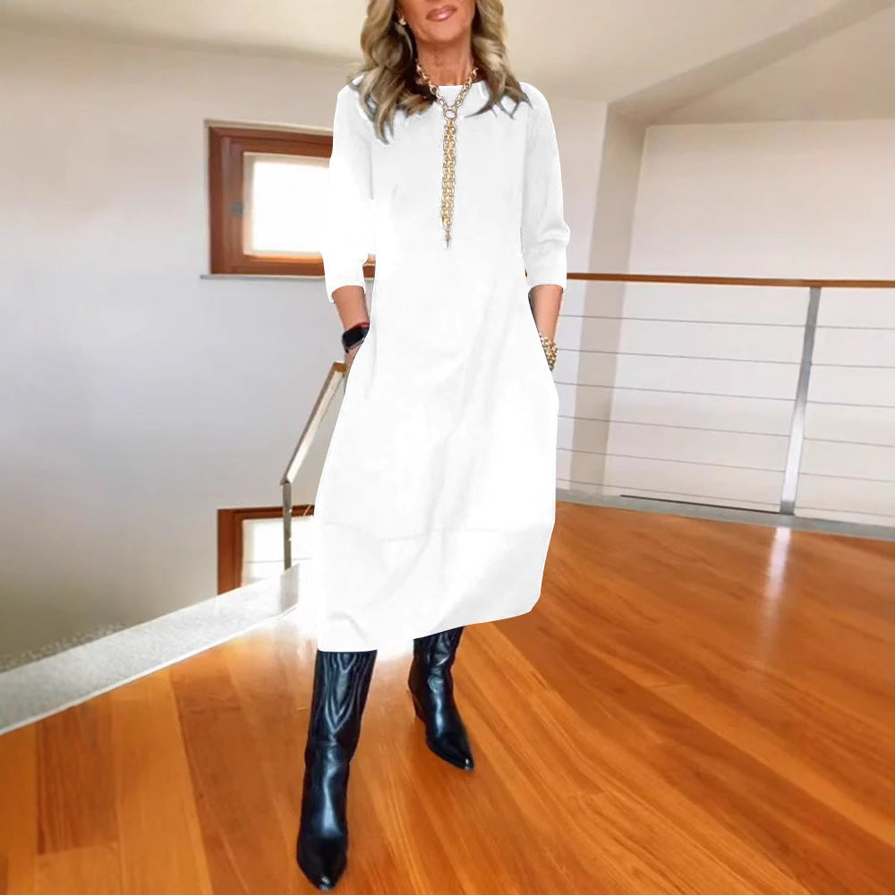 Autumn And Winter New All-matching Solid Color Loose Round-neck Long-sleeved Dress Women