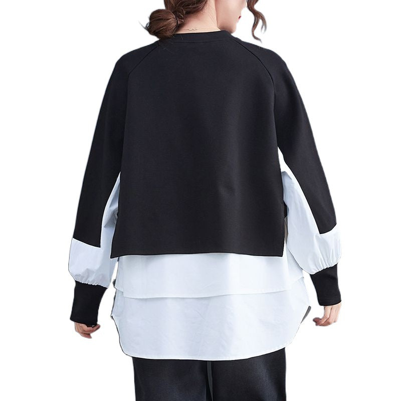 Autumn And Winter New Fake Two Pieces Contrast-color Stitching Sweatshirt