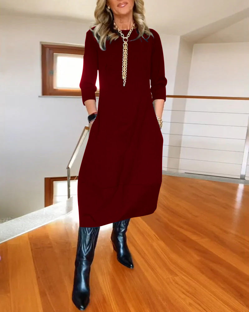 Autumn And Winter New All-matching Solid Color Loose Round-neck Long-sleeved Dress Women