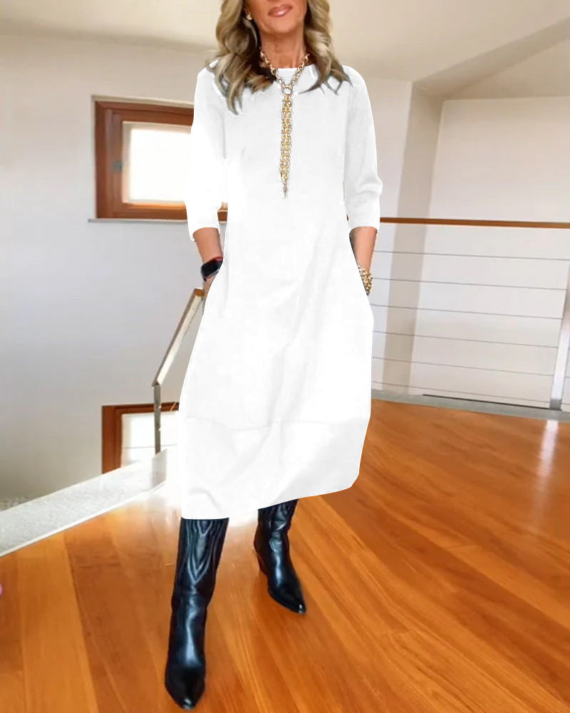 Autumn And Winter New All-matching Solid Color Loose Round-neck Long-sleeved Dress Women