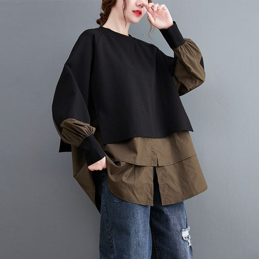 Autumn And Winter New Fake Two Pieces Contrast-color Stitching Sweatshirt